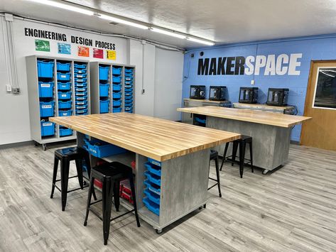 We love what Okeene Schools has done with transitioning this room into their STEM lab, and we are pleased to have helped them with the furnishings. WB’s Synergy Collection features their Nucleus Workstation with the butcher block work surface and storage available in the base of the table. WB’s Tote Tray Series are available in numerous configurations, and may be easily customized. WB’s ELO Series was chosen for the student tables and computer stations, with arched legs for more leg clearance, a Maker Space Storage, Stem Lab Design Classroom, Stem Room Design, Stem Lab Design, Lab Organization, Stem Room, Robotics Lab, Makerspace Design, Boy Room Themes