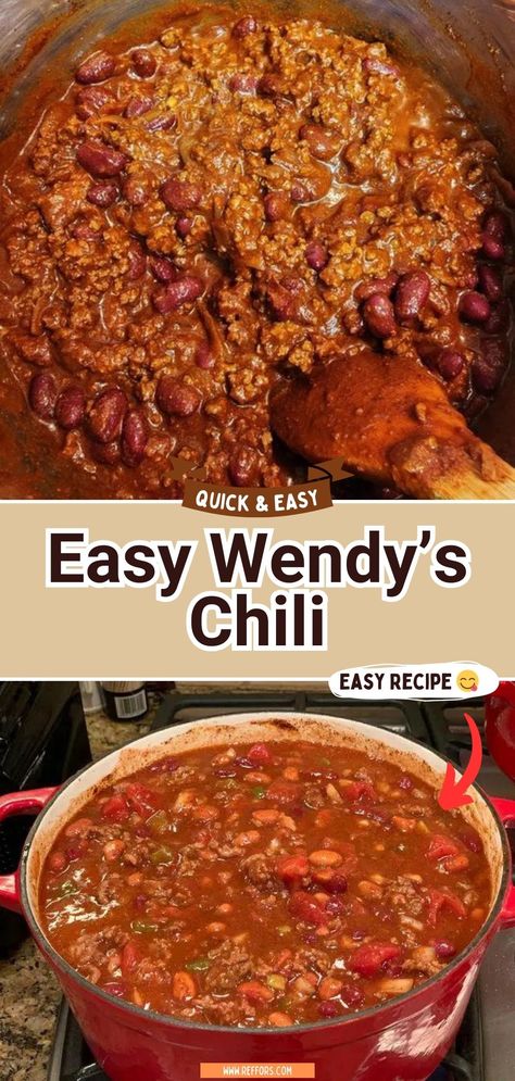 Bring the warmth and comfort of Wendy's chili right into your own kitchen with this hearty recipe. Loaded with beans, ground beef, and a rich tomato base, this chili is the ultimate comfort food for chilly evenings. Top it off with some shredded cheese and a dollop of sour cream for the perfect bowl of cozy goodness. #ComfortFood #ChiliNight #WendysAtHome Good Chili Recipes Ground Beef, Nalley's Chili Recipe, Hamburger Chili Recipe Ground Beef, Recipes With Chili Beans, Best Unique Chili Recipe, Chili Recipe Tomato Juice, Wendys Chili Recipe Easy, Easy Chilli Recipe Crockpot, Chili With Beans And Ground Beef