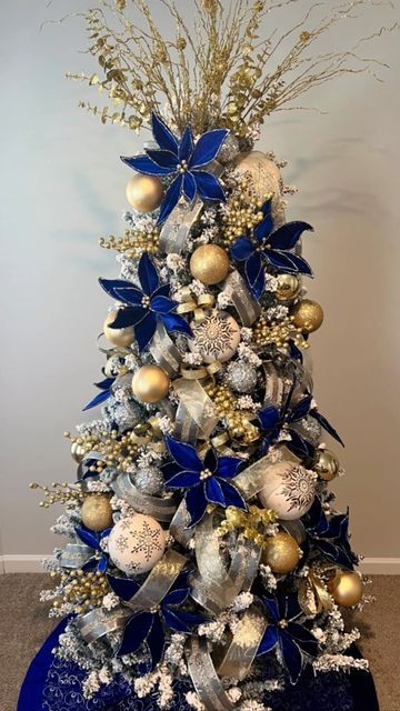 Royal Blue And Silver Christmas Trees, Blue Silver Gold Christmas Decor, Royal Blue And Gold Christmas Tree, Blue Silver And Gold Christmas Tree, Royal Blue Christmas Tree Decoration, Royal Blue Christmas Decorations, Silver Gold Christmas Decorations, Royal Blue Christmas Tree, Blue And Silver Christmas Tree Ideas