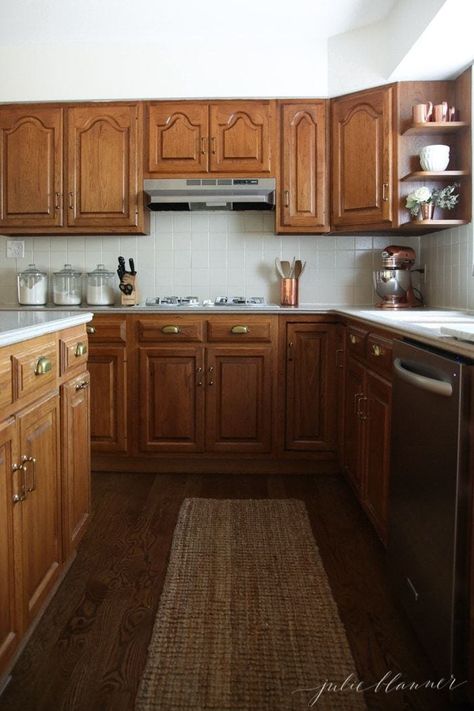 Update Oak Cabinets, 70s Kitchen Makeover, Kitchen With Oak Cabinets, Complete Kitchen Remodel, Kitchen Cabinet Door Styles, Kitchen Remodel Pictures, Honey Oak Cabinets, Julie Blanner, Oak Kitchen Cabinets