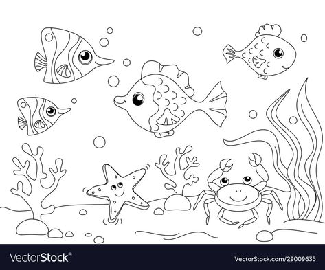 Water Cartoon, Underwater Drawing, Underwater Cartoon, Toddler Drawing, Fish Coloring, Underwater Background, Children Drawing, Fish Silhouette, Sea Illustration