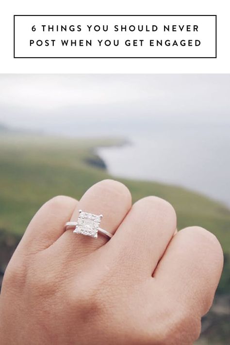 6 Things You Should Never Post When You Get Engaged via @PureWow Daughter Engagement Quotes, Engagement Ring Announcement Pictures, Were Engaged Announcement, Engagement Announcement Ideas Instagram, Engagement Quotes Announcement, Engagement Ring Post, Engagement Announcement Captions, Engagement Announcement Facebook, Announcing Engagement