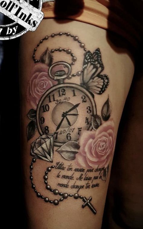 Memorial Tattoo For Niece, Clock Memorial Tattoo, Memorial Tattoos For Grandma, Memorial Sleeve Tattoos For Women, Momma Tattoo Ideas, Oma Tattoo, Angel Tatoos, Tattoo Wade, Papa Tattoo