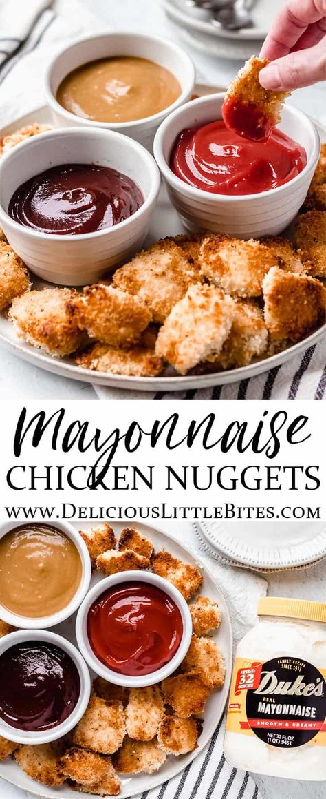 #ad Mayonnaise Chicken Nuggets are made with chunks of juicy chicken breaded with crispy, crunchy panko bread crumbs. Using mayonnaise as part of the breading process will give you extremely moist, flavorful chicken. Enjoy these baked chicken nuggets as part of a quick, delicious lunch or dinner. | #dukesmayo #trysometwang #chicken #chickennuggets #bakedchickennuggets #homemadechickennuggets @dukesmayonnaise Chicken Nugget Breading Recipe, Making Chicken Nuggets, Baked Chicken Nuggets Panko, Chicken Tenders With Mayo And Panko, Crunchy Chicken Nuggets, Chicken Breaded, Mayonnaise Chicken, Buffalo Chicken Lettuce Wraps, Mayo Chicken