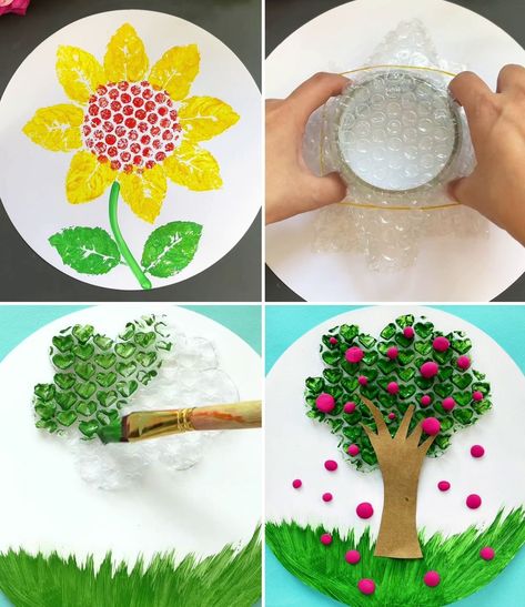 DIY Bubble Wrap Painting Art Hack for Beginners | art of painting, art, Bubble Wrap | Easy Bubble Wrap Painting Technique for Kids :) | By Kids Art & Craft | Facebook | Hello everyone, today we will make a sunflower using bubble wrap and leaves. First take any round structure, put bubble wrap then take a leaf and make petals of the flower then make its stem, its leaves and look a simple yet beautiful sunflower is ready. We are going to make a beautiful tree artwork using bubble wrap. For that fi Bubble Flower Art, Bubble Wrap Flower Painting, Bubble Wrap Crafts For Kids, Bubble Wrap Painting For Kids, Bubble Wrap Activities, Bubble Wrap Painting, Kids Painting Activities, Bubble Wrap Crafts, Bubble Wrap Art