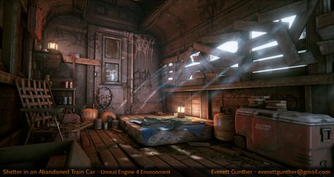 Abandoned Train Car Shelter (UE4) - Polycount Forum Apocalypse Dnd, Apocalypse House, Candle Game, Interior Concept Art, Apocalypse Survivor, Abandoned Train Station, Environment Projects, Apocalypse World, Car Shelter