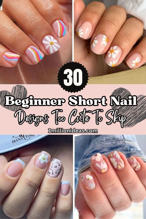 30 Beginner Short Nail Designs Too Cute To Skip Cute Finger Nail Designs, Easy Short Gel Nail Designs, Short Nail Designs Girly, Short Nail Line Designs, Easy Gel Manicure Designs, Easy Manicure Designs, Nail Art With Normal Nail Polish, Easy At Home Nail Designs Simple, Girls Manicure Ideas Little