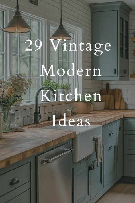 Get inspired by these 29 vintage modern kitchen ideas! Featuring retro-inspired appliances, subway tiles, and contemporary finishes, these kitchens combine old-school charm with modern functionality. Ideal for creating a cozy and elegant vibe! ✨🍲 #ModernVintage #KitchenDesign Victorian Kitchen Ideas Vintage, Nyc Apartment Aesthetic Kitchen, Kitchen Counter Ideas Modern, Kitchen Ideas Old Style, Kitchen Ideas White Countertops, Modern Simple Kitchen Design, Kitchen Design Timeless, Mid Century Modern Farmhouse Kitchen, Kitchen Design Must Haves