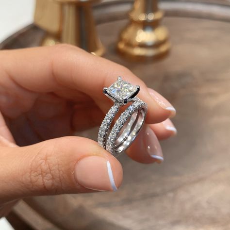 Beautiful 2.10 Carat (7x7mm) D VVS1 Princess Cut Moissanite set in a 14K White Gold Ring including additional 0.45 Carat Natural Diamonds on the sides & Diamond Matching Wedding Band with 0.55 Carat - Giving a Total Weight of 3.10 Carat of Diamonds for the entire Set. Princess Cut Moissanite, Bridal Set, Moissanite Diamonds, 1 Carat, Princess Cut, Engagement Ring, Wedding Rings, Diamonds, White Gold