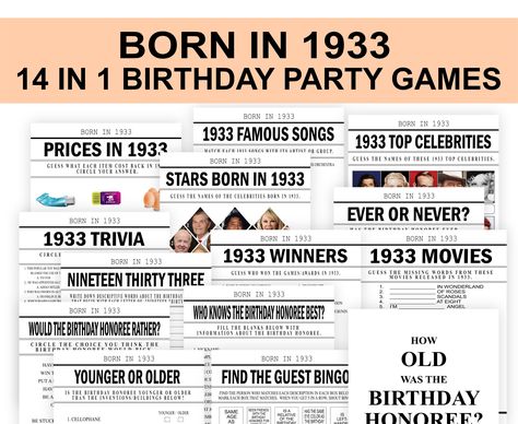 "Born in 1933 games printable! Celebrate your birthday party or someone's birthday party with this printable birthday game set bundle especially made for anyone who is born in 1933. ♥ THIS LISTING IS FOR A DIGITAL FILE. NO PHYSICAL ITEM WILL BE SHIPPED. ♡---------- WHAT YOU WILL GET IN THIS BUNDLE----------♡ 8.5 X 11 JPG files 8.5 X 11 PDF files TIP: Print these Games on a heavy card stock kraft paper for a rustic or vintage look. GAMES THAT YOU WILL RECEIVE: 1. PRICES IN 1933 2. 1933 FAMOUS SON 1933 Birthday, 40th Birthday Party Games, 27th Birthday Party, 1997 Birthday, 1st Birthday Party Games, 91st Birthday, 50th Birthday Party Games, 91 Birthday, 52 Birthday