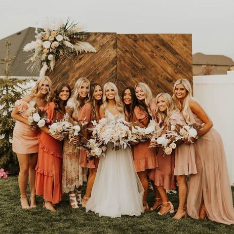 Mix and match rustic shades of peach and orange bridesmaid dresses {Ashley Meagan} Mixed Bridesmaid Dresses, Mix And Match Bridesmaid Dresses, Mix Match Bridesmaids, Teal Bridesmaid, Orange Bridesmaid, Summer Bridesmaid Dresses, Orange Bridesmaid Dresses, Fall Bridesmaid Dresses, Boho Wedding Decorations