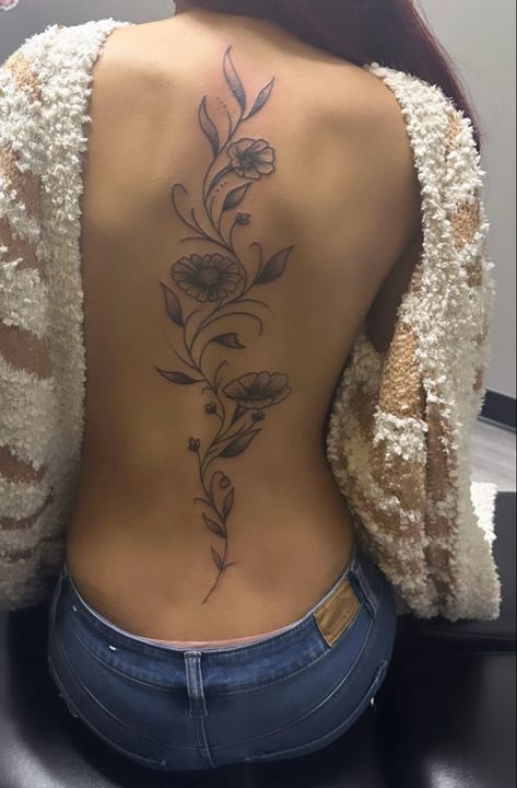 Back Tattoo Female Spine, Flower Stem Spine Tattoo, Back Vine Tattoos For Women, Back Tattoo Flower Spine, Spiritual Spine Tattoo, Flower Back Tattoo Spine, Puerto Rican Flower Tattoo, Back Flower Tattoo, Tattoos Spine