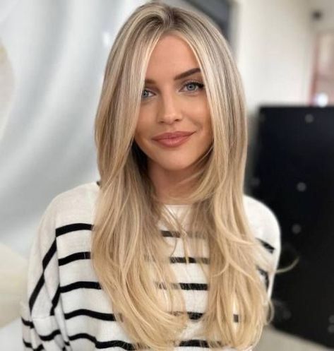 Long Hair With Chin Length Layers, Haircut Idea Long Hair, Haircuts For Straight Fine Hair Long, Long Layered Blonde Hair Straight, Blonde Over 40 Hair, Long Hair Medium Layers, Long Hair Angled Around Face, Long Hairstyles For Fine Hair Over 40, Long Layered Hair For Fine Hair