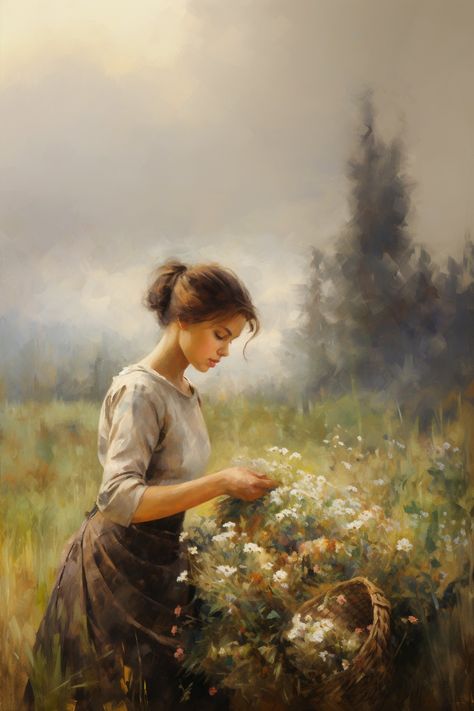 Woman Picking Flowers Painting, Vintage Meadow Aesthetic, Aesthetic Art Paintings Vintage, Aesthetic Art Paintings, Woman Picking Flowers, Girl Picking Flowers, Cottage Core Girl, Art Knowledge, Field Aesthetic