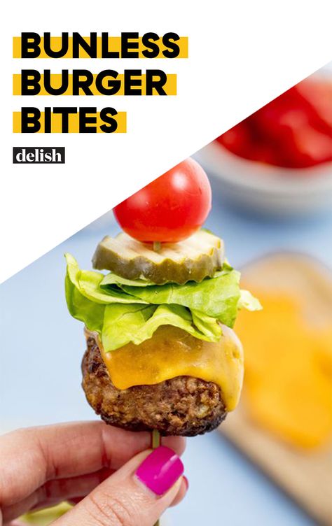 The cutest party app we ever did see. #bunlessburgerbites #burgerbites #miniburgers #partysapps #delish Bunless Burger Bites, Mini Bunless Cheeseburger Bites, Bunless Burger Ideas, Mini Burger Bites, Superbowl Snacks For Kids, Superbowl Snacks Dessert, Fancy Burgers, Burger Bites, Bunless Burger