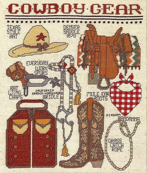 Cowboy Gear - unknown designer - Bucilla kit #40151 - stitch count 148w x 187h Country Cross Stitch Patterns, Country Cross Stitch, Cowboy Cross Stitch Patterns, Cross Stitch Cowboy, Western Cross Stitch Patterns, Horse Cross Stitch, Cowboy Cross Stitch, Western Cross Stitch, Cowboy Cross