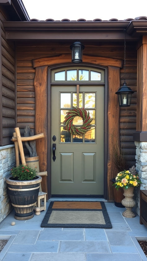 Dreaming of a unique entrance? These beautiful front door ideas blend stunning designs with functionality to make a lasting impression. Traditional Modern Front Door, Green Front Door Brown House, Front Door Colors With Cedar Siding, Door Styles Entrance, Cabin Front Door Ideas, Side Front Door Entrance, Log Home Front Door, Side Entrance Ideas Exterior, Cottage Doors Front Entrance