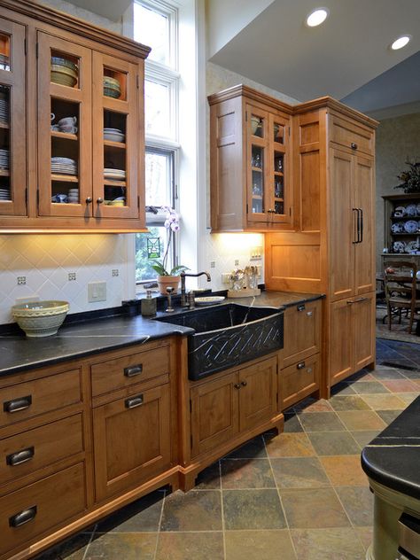 Feet on the cabinets to look like furniture. Kitchen Hand Made Moroccan Tile Floor Design, Pictures, Remodel, Decor and Ideas Craftsman Kitchen Cabinets, Craftsman Style Kitchen, Rustic Farmhouse Kitchen Cabinets, Craftsman Kitchen, Farmhouse Kitchen Cabinets, Kitchen Cabinets Decor, Kitchen Cabinet Styles, Farmhouse Kitchen Design, Rustic Farmhouse Kitchen