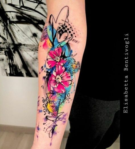 Watercolor Tattoo Sleeve, Forearm Cover Up Tattoos, Colour Tattoo For Women, Floral Tattoo Shoulder, Bright Tattoos, Women Half Sleeve, Tattoos For Women Half Sleeve, Forearm Tattoo Women, Flower Tattoo Sleeve