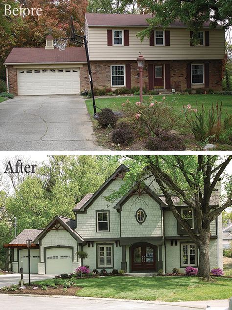 Two Story Landscaping Ideas, Brick House Exterior Renovation, Traditional Brick House Exterior Makeover, Palladium Windows Exterior, Colonial Makeover Exterior, Update Colonial House Exterior, Exterior Remodel Brick, Updating Brick House Exterior, Colonial Brick House Exterior