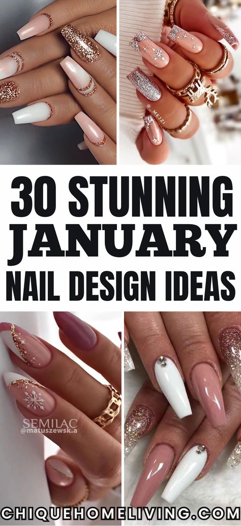 Step into the new year with style by exploring these 30 Best January Nail Ideas! Whether you’re looking for frosty blues, shimmering silvers, or neutral winter tones, these designs are perfect for the season. Embrace winter vibes with snowflake accents, icy ombrés, and glitter tips for a chic look. Or opt for subtle elegance with soft nudes, matte finishes, and minimalist line art. Elegant Nail Designs Coffin, Grey And Copper Nails, New Years Nail Designs Coffin Shape, Nails Design For January, Platinum Nail Designs, Boss Nails Designs, New Years Nails Coffin Long, Unique New Years Nails, January Nail Inspiration