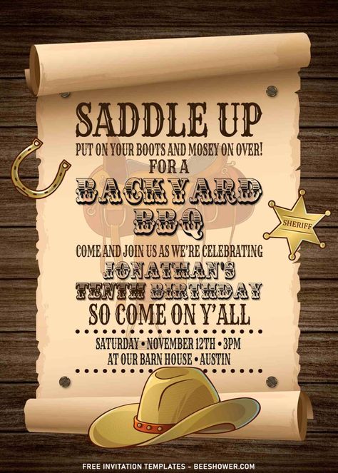 Cowboy Party Invitations Free, Country Birthday Invitations, Cowboy Themed Birthday Party, Cowboy Invitations Birthday, Western Invitations, Papa Birthday, Cowboy Invitations, Wild West Birthday, Wild West Party