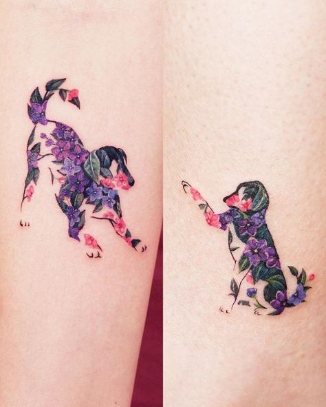 Flower Pet Tattoo, Dog Floral Tattoo, Flower Dog Tattoo, Dog Flower Tattoo, Floral Dog Tattoo, Fluffy Tattoo, Unique Dog Tattoo Ideas, Memories Ideas, Embroidery Tattoo