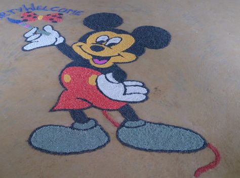 9 Beautiful Mickey Mouse Rangoli Designs with Images Mickey Mouse Rangoli, Cartoon Rangoli, Cartoons Rangoli Design, Welcome Rangoli, Cartoons Rangoli, Colour Rangoli, Rangoli Designs For Competition, Tom Und Jerry, New Year Rangoli