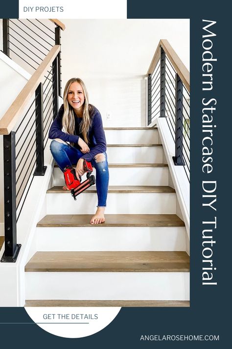 DIY your dream staircase with this modern railings update. Renovating your home is easier than you think! Staircase Rail Makeover, Stair Railing Modern Farmhouse, Banisters And Railings Makeover Metal, Diy Modern Railing, Modern Farmhouse Handrails For Stairs, Replace Stair Railing Diy, Stair Railing Remodel, Remodel Staircase Railings, Stair Railing Makeover Diy