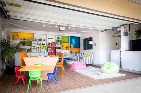 54 garage conversion ideas to add more living space to your home | loveproperty.com Garage Converted To Classroom, Playroom Garage Conversion, Garage Makeover Playroom, Garage Conversion To Playroom, Turning Garage Into Playroom, Garage Classroom Ideas, Garage Converted To Playroom, Playroom In Garage Ideas, Multipurpose Garage Ideas