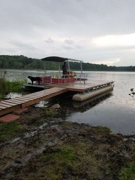 Frame of our old pontoon turned into floating dock. Pontoon Dock Ideas, Floating Dock Plans, Pontoon Dock, Cabin Renovation, Fishing Dock, Lake Dock, Lakefront Living, Lakefront Property, Floating Dock