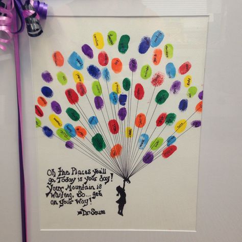 Balloon Thumbprint Art, Graduation Fingerprint Art, Fingerprint Picture Frame, Classroom Fingerprint Ideas, Fingerprint Memory Art, Thumbprint Art For Teacher, Classroom Fingerprint Art, Fingerprint Class Project, Class Thumbprint Art