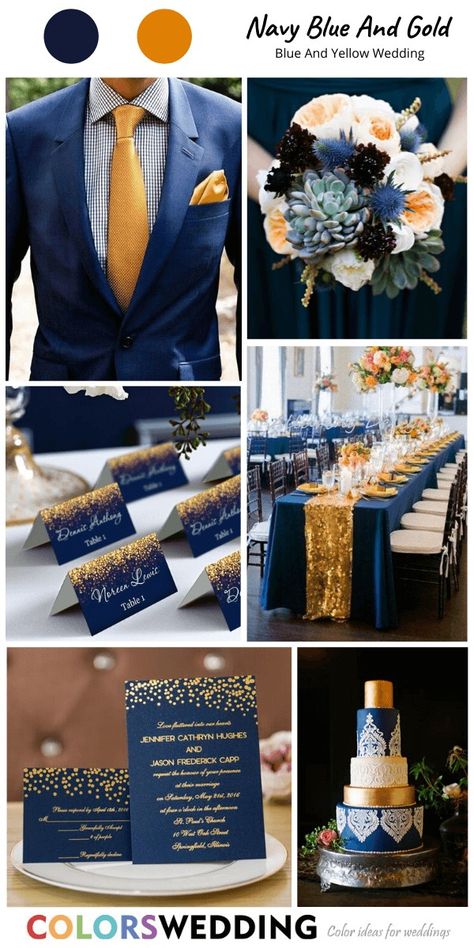 Blue Gold Wedding Centerpiece, Navy Blue Cream And Gold Wedding, Navy Blue And Yellow Wedding Theme, Wedding Colors Blue And Gold, Gold Blue Wedding Theme, Wedding Color Palette With Gold, Navy And Gold Bouquet, Navy Blue And Gold Wedding Cake, Navy And Gold Wedding Cake