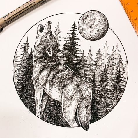 Wolf Howling Drawing, Art Pen, Wolf Tattoo, Art Pens, Wolf Howling, Lone Wolf, Wolf Art, Sketchbook Drawing, Pyrography