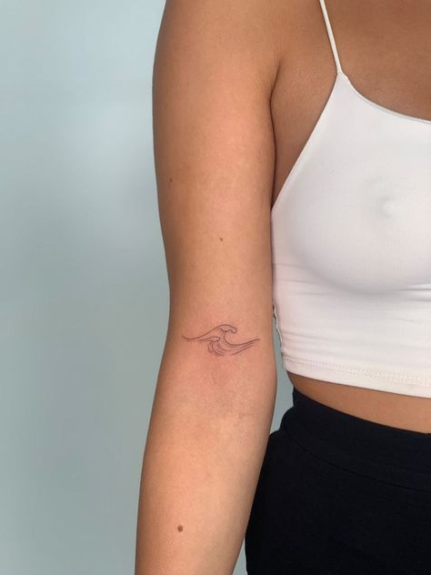 Feminine Wave Tattoos, Wave Elbow Tattoo, 4 Waves Tattoo, Waves Fine Line Tattoo, Wave Tattoo Back Of Arm, Wave Tattoo On Arm, Arm Wave Tattoo, Wave Tattoo Fine Line, Fineline Wave Tattoo