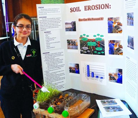 Eighth-grader Helen El-Achkar shows off her project on soil erosion. Soil Erosion Science Fair Project Board, Soil Erosion Project, Soil Erosion Science Fair Project, Erosion Science Fair Project, Soil Erosion Poster, Middle School Science Fair Projects, High School Science Fair Projects, Science Project Board, Elementary Science Fair Projects