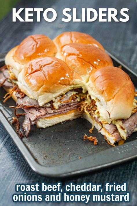 baking tray with keto roast beef sliders and text Keto Sliders, Keto Roast Beef Sandwich, Healthy Roast Beef Sandwich, Roast Beef And Cheese Sliders, Roast Beef And Cheese Sandwich, Roast Beef And Provolone Sliders, Roast Beef Sliders Recipes, Roast Beef And Cheddar, Roast Beef Sliders