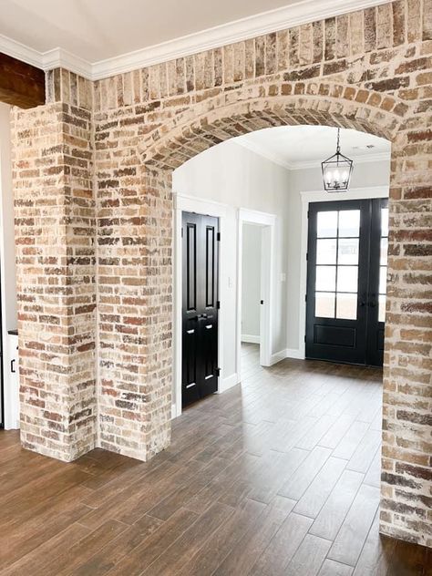 Brick Arch Entryway, Interior Brick Accents, Brick Doorway Interior, Brick Arches Interior, Brick Inside House, Indoor Brick Wall Ideas, Brick Entryway, Brick Archway, Interior Brick