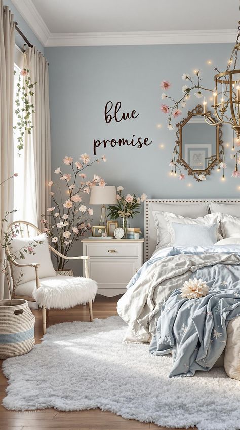 Blue Boho Girls Bedroom Light Blue Wall Colors Bedroom, Girls Floral Bedroom Ideas, Light Blue Girls Room Ideas, Girls Room Blue Walls, Preteen Girls Bedroom Ideas Blue, Girl Blue Bedroom Ideas, Baby Blue Girls Bedroom, Blue Girly Bedroom, Girls Light Blue Bedroom Ideas