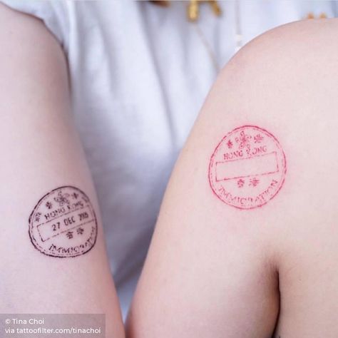 Matching travel stamps on two sisters from Switzerland who loved her first trip to Hong Kong and decided to get a tattoo the second time they visited the country. Switzerland Tattoo Ideas, Travel Stamp Tattoo, Switzerland Tattoo, Taiwan Tattoo, Daughters Name Tattoo, Hong Kong Tattoo, Matching Tattoos For Siblings, Bull Skull Tattoos, Travel Stamps