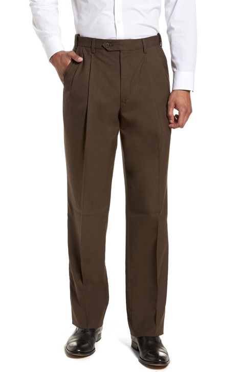 Men's Berle Self Sizer Waist Pleated Wool Gabardine Trousers, Size 42 x Unhemmed - Brown Mens Brown Dress Pants, Mens Pleated Pants, Brown Pants Men, Cuffed Trousers, Brown Slacks, Fitted Slacks, Men's Dress Pants, Mens Slacks, Brown Dress Pants