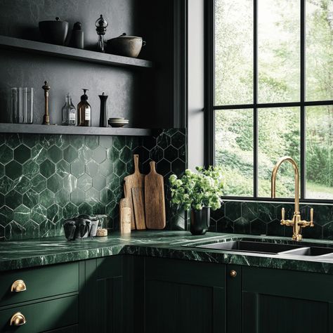 Stunning Green Kitchen Tile Ideas for Your Home Green Soapstone Countertops, Green Countertops Kitchen, Green Backsplash Kitchen, Kitchen Tile Ideas, Dark Green Tile, Green Countertops, Dark Green Kitchen, Green Backsplash, Deco Kitchen