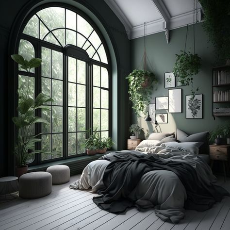 Bedroom Inspirations Big Window, Black Sage Bedroom, Dark Sage Room Aesthetic, Bedroom Ideas Sage Green Walls, Biophilic Bedroom Ideas, Cozy Bedroom Big Window, French Industrial Bedroom, Dark Green And White Room Aesthetic, Green Themed Rooms Bedroom Ideas