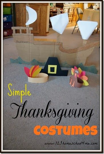 Simple Thanksgiving Costumes for Kids - Super cute Mayflower boat you can make out of cardboard and pilgrim, Indian, and turkey craft for kids. Perfect for a Thanksgiving play!! Thanksgiving Costumes For Kids, Mayflower Boat, Thanksgiving Play, Pilgrim Hats, Thanksgiving Costume, 123 Homeschool 4 Me, Pilgrims And Indians, Thanksgiving Crafts For Toddlers, Thanksgiving Crafts Preschool