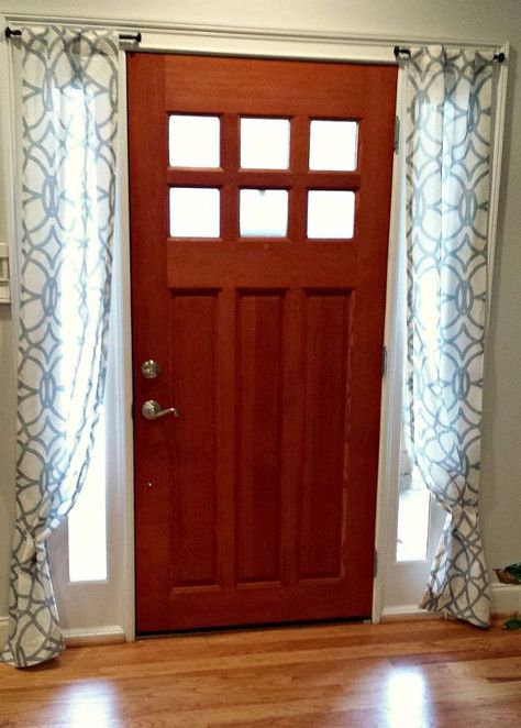 diy side light curtains, doors, how to, reupholster, window treatments, windows Front Door Side Windows, Front Door Sidelights, Solar Lamps Diy, Sidelight Curtains, Front Door Curtains, Sidelight Windows, Door Sidelights, Farmhouse Style Curtains, Diy Light Bulb