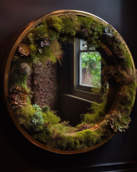 Circular mirror moss framed wall art Moss On Mirror, Moss Bookshelf, Mirror With Moss, Diy Moss Mirror Frame, Moss Mirror Frame, Mirror With Plants Around It, Moss Frame Diy, Woodland Mirror, Unique Mirror Frame Ideas