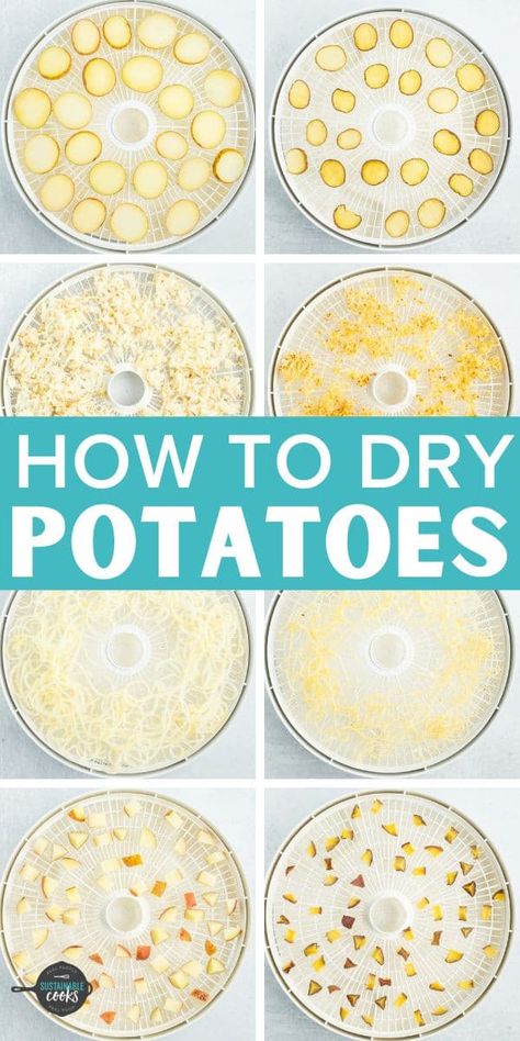 Dehydrating potatoes is such a simple way to preserve this delicious pantry staple! Learn how to dry potatoes four different ways in a food dehydrator for a shelf-stable stash. Dehydrating Potato Slices, Drying Potatoes For Storage, How To Dehydrate Potatoes In A Dehydrator, Diy Dehydrated Potato Flakes, Dehydrate Potatoes Food Storage, Dehydrated Shepards Pie, Dehydrating For Beginners, How To Dehydrate Vegetables, Dehydrated Potatoes Au Gratin