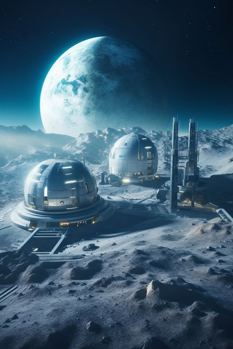 A futuristic base on the moon - alternatewrlds Space Base Concept Art, Sci Fi Solar System, Moon Base Concept Art, Alien Spaceship Concept, Futuristic Planet Concept Art, Alien Planet Concept Art, Sci Fi Planets, Sci Fi Moon Base, Moon Concept Art