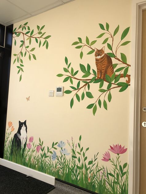 Grass Painting On Wall, Hand Painted Nursery Wall Murals, Wall Painting For Garden, Cat Wall Painting, Easy Flower Wall Painting, Grass Wall Painting, Cat Mural Ideas, Flower Wall Painting Simple, Mural Art Simple