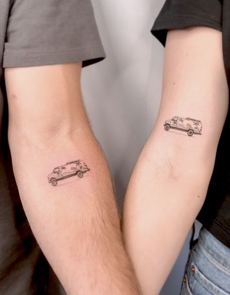 Tattoos To Get While Traveling, Backpacker Tattoo Ideas, Mini Van Tattoo, Campervan Tattoo Ideas, Travel Buddies Tattoo, Adventure Couple Tattoos, Couple Travel Tattoos, Minivan Tattoo, Travel Flash Tattoo